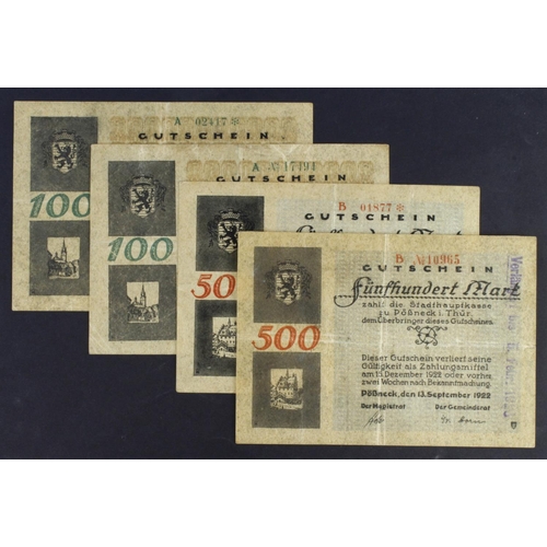 693 - Germany Grossgeld (4) dated 1922, 500 Mark (2) and 100 Mark (2), Stadt Possneck, printed on thick pa... 