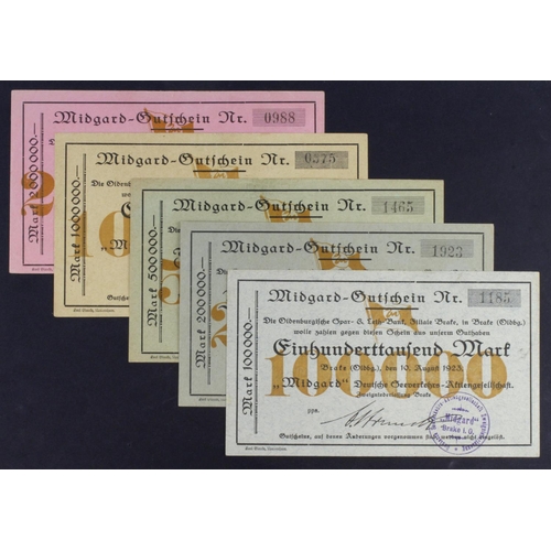 696 - Germany Grossgeld (5) dated 1923, 10000 Mark, 200000 Mark, 500000 Mark, 1 Million Mark and 2 Million... 