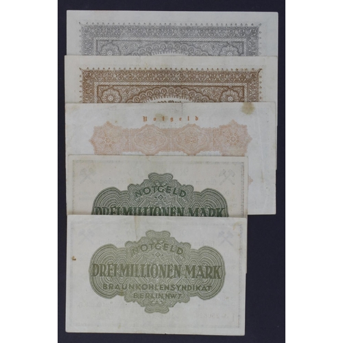 697 - Germany Grossgeld (5) dated 1923, 2 Millionen Mark, 3 Millionen Mark (2), 5 Millionen Mark, 10 Milli... 