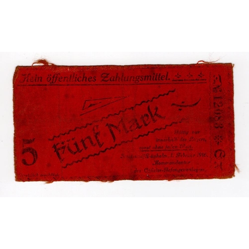 701 - Germany Prisoner of War camp money WW1, 5 Mark dated 1st February 1916, printed on cloth linen, seri... 