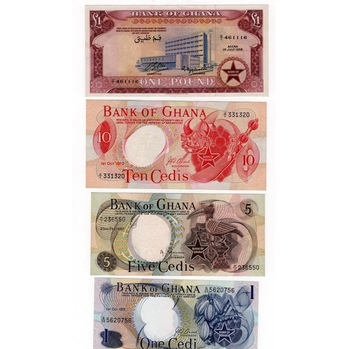 707 - Ghana (4), 1 Pound dated 1958, 1 Cedi dated 1971, 5 Cedis dated 1967 and 10 Cedis dated 1970, EF, Un... 