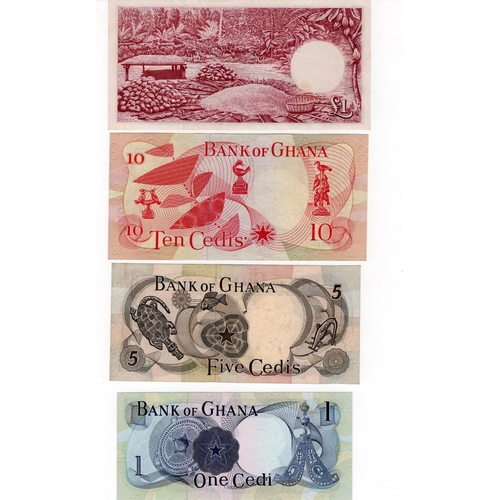 707 - Ghana (4), 1 Pound dated 1958, 1 Cedi dated 1971, 5 Cedis dated 1967 and 10 Cedis dated 1970, EF, Un... 