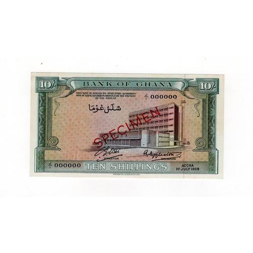 708 - Ghana 10 Shillings dated 1st July 1958, SPECIMEN note, serial J/1 000000, diagonal 'specimen' overpr... 