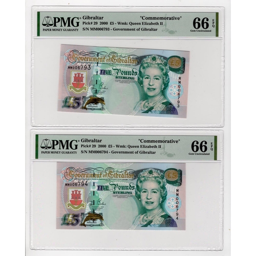 713 - Gibraltar 5 Pounds (2) dated 2000, Commemorative notes Millennium 2000, a consecutively numbered pai... 