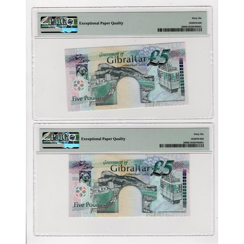 713 - Gibraltar 5 Pounds (2) dated 2000, Commemorative notes Millennium 2000, a consecutively numbered pai... 