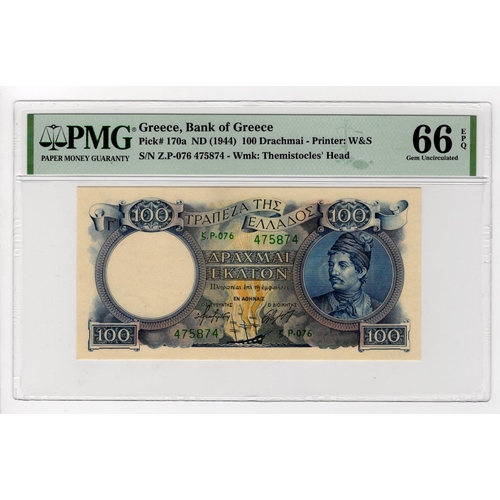 718 - Greece 100 Drachmai issued 1944, serial Z.P-076 475874 (Pick170a) in PMG holder graded 66 EPQ Gem Un... 