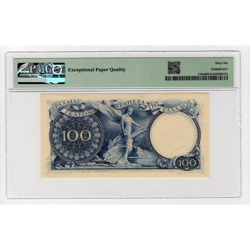 718 - Greece 100 Drachmai issued 1944, serial Z.P-076 475874 (Pick170a) in PMG holder graded 66 EPQ Gem Un... 