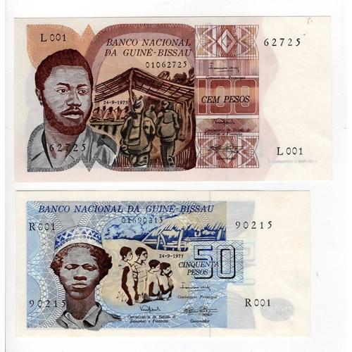 719 - Guinea Bissau (2) 50 Pesos and 100 Pesos dated 24th September 1975, serial R001 902215 & L001 62725 ... 