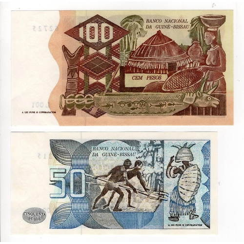 719 - Guinea Bissau (2) 50 Pesos and 100 Pesos dated 24th September 1975, serial R001 902215 & L001 62725 ... 