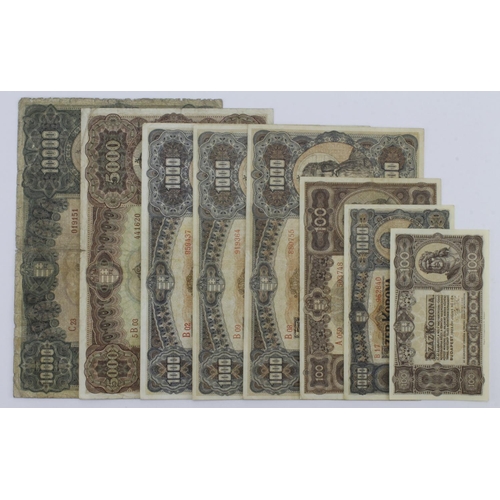 731 - Hungary (8), 10000 Korona, 5000 Korona, 1000 Korona (3), 100 Korona all dated 1920, the first 2 Fair... 