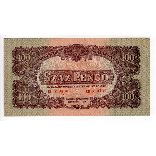 735 - Hungary 100 pengo dated 1944, Russian Army Occupation WW2, serial EB519430 (PickM8) light signs of h... 