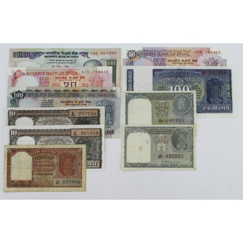 739 - India (10), including 1 Rupee issued 1949 signed Ambegaonkar with nice serial No. 400001, 1 Rupee da... 