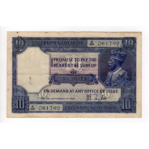 746 - India 10 Rupees issued 1917 - 1930 (1926), King George V portrait, signed J.B. Taylor, serial K/69 0... 