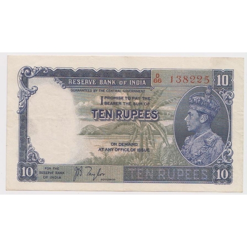 748 - India 10 Rupees issued 1937, portrait King George VI at right, signed J.B. Taylor, serial D/66 13822... 