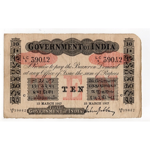 750 - India 10 Rupees, Government of India, dated 13th March 1917 signed M.M.S. Gubbay, Calcutta branch, s... 