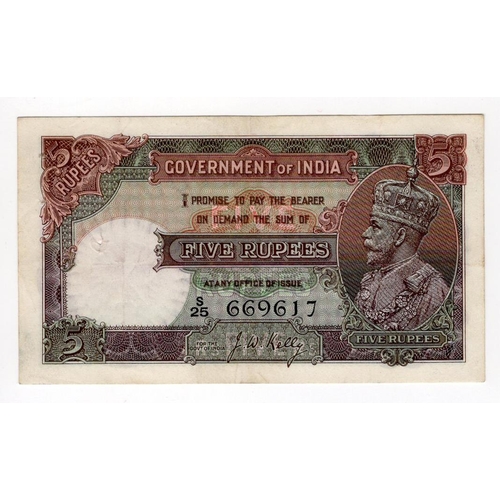 752 - India 5 Rupees issued 1928 - 1935, signed J.W. Kelly, portrait King George V at right, serial S/25 6... 