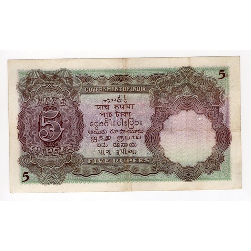 752 - India 5 Rupees issued 1928 - 1935, signed J.W. Kelly, portrait King George V at right, serial S/25 6... 