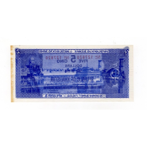 756 - India, Republic of Khalistan 5 Dollars not dated circa 1980's, Khalistan propaganda note issued by S... 