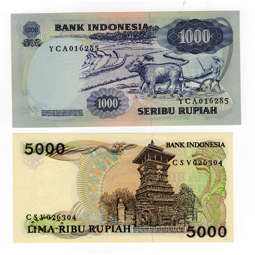 757 - Indonesia (2), 1000 Rupiah dated 1975 serialYCA 016285 (TBB B572a, Pick113a), 5000 Rupiah dated 1986... 