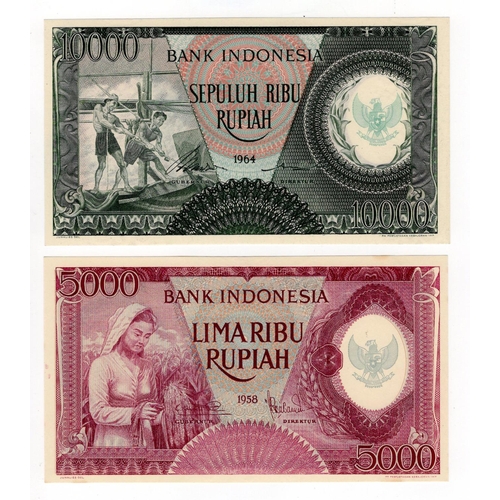 758 - Indonesia (2), 10000 Rupiah dated 1964 serial WWN 07087 (TBB B555b, Pick101b), 5000 Rupiah dated 195... 