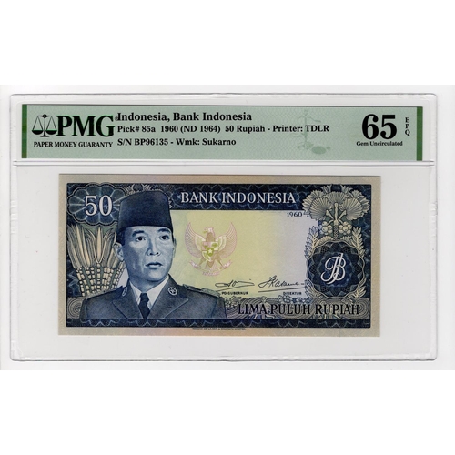 769 - Indonesia 50 Rupiah dated 1960, serial BP 96135 (TBB B539a, Pick86a) in PMG holder graded 65 EPQ Gem... 