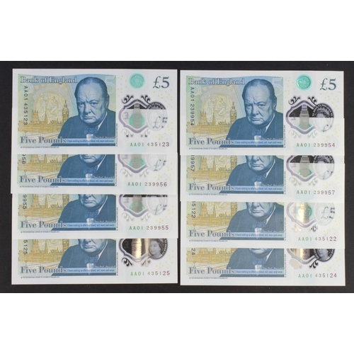 78 - Cleland 5 Pounds (B414) issued 2016 (8), a group of FIRST RUN polymer notes 'AA01' prefix, in 2 x co... 