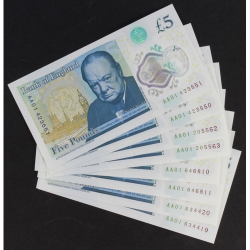 79 - Cleland 5 Pounds (B414) issued 2016 (8), a group of FIRST RUN polymer notes 'AA01' prefix, in 4 x co... 