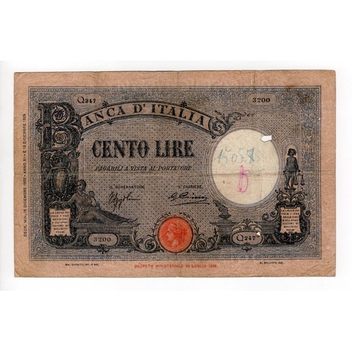 791 - Italy 100 Lire dated 16th December 1932, serial Q247 3200 (TBB B412c, Pick50c) 4 spindle holes, anno... 