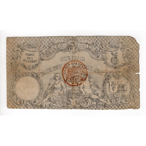 792 - Italy 5 Lire Correnti dated 1848, Moneta del Comune di Venezia, serial No. 383 (PickS194) tears/nick... 