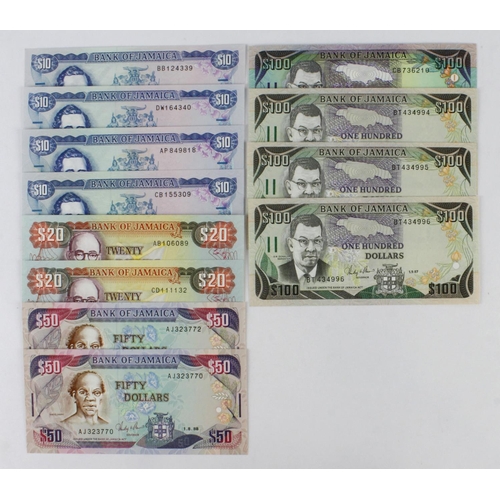 795 - Jamaica (45), 100 Dollars (4) 1987 & 1991, 50 Dollars (2) 1988, 20 Dollars (2) 1985 & 1986, 10 Dolla... 