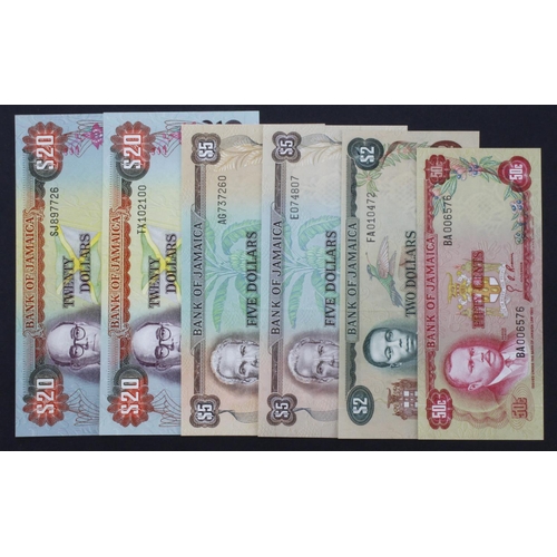 797 - Jamaica (6), 20 Dollars (2) dated 1981 & 1983, 5 Dollars (2) issued 1970 & 1984, 2 Dollars issued 19... 