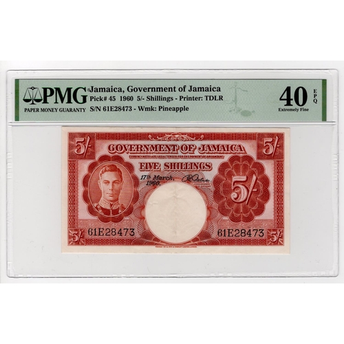 799 - Jamaica 5 Shillings dated 17th March 1960, serial 61E28473 (TBB B113a, Pick45) in PMG holder graded ... 