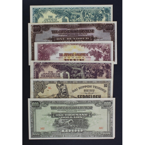 803 - Japanese Invasion Money WW2 (6), Netherland Indies 10 Gulden and 10 Roepiah, Malaya 1000 Dollars, 10... 