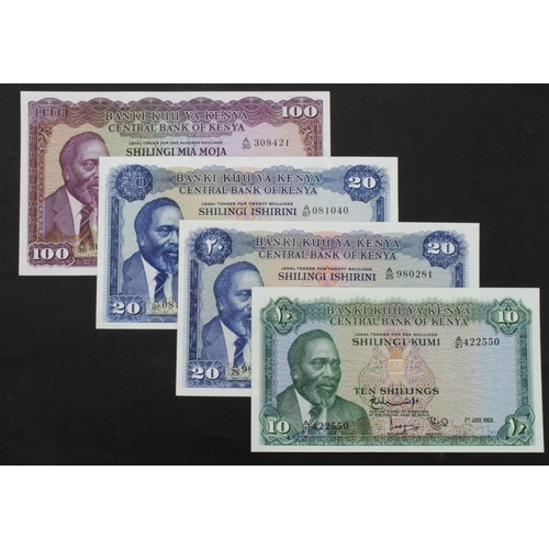 805 - Kenya (4), 20 Shillings dated 1st July 1968 serial A/25 980281 (TBB B103c, Pick3c), 10 Shillings dat... 