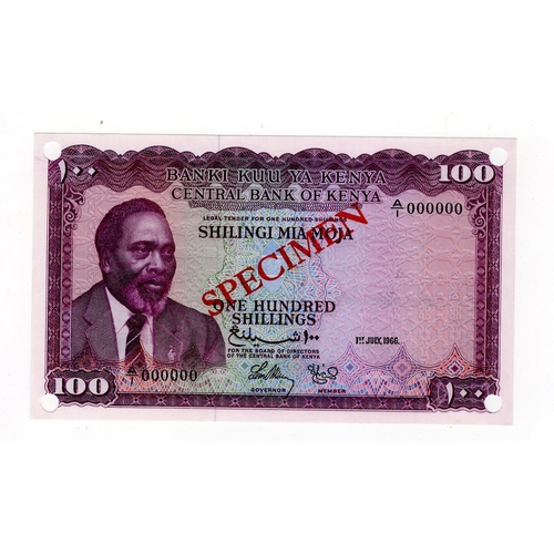 807 - Kenya Central Bank 100 Shillings dated 1st July 1966, SPECIMEN note serial A/1 000000, diagonal 'spe... 