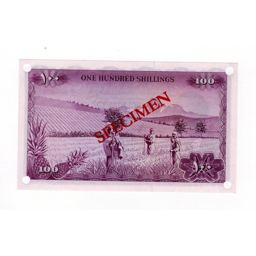 807 - Kenya Central Bank 100 Shillings dated 1st July 1966, SPECIMEN note serial A/1 000000, diagonal 'spe... 