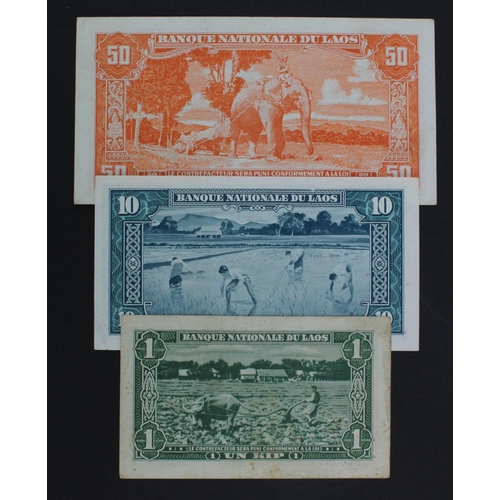 811 - Laos (3), 50 Kip, 10 Kip and 1 Kip issued 1957 (Pick1, 3 and 5) about Uncirculated, EF+ and VF respe... 