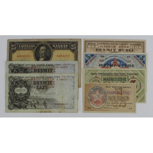 816 - Latvia (7), 10 Rubli, 5 Rubli, 3 Rubli, 1 Rublis dated 1919, Riga's Workers issue, 25 Lati dated 192... 