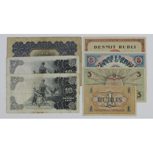 816 - Latvia (7), 10 Rubli, 5 Rubli, 3 Rubli, 1 Rublis dated 1919, Riga's Workers issue, 25 Lati dated 192... 