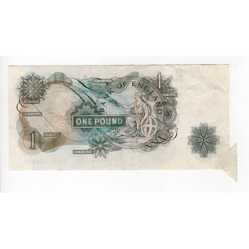 82 - ERROR Fforde 1 Pound (B301) issued 1967, rare FISHTAIL extra paper error, serial C15Y 159417 (B301, ... 