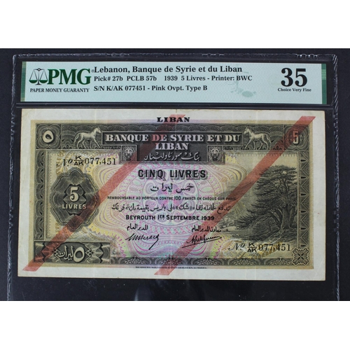 821 - Lebanon 5 Livres dated 1st September 1939, serial K/AK 077451 (TBB B211b, Pick27b) in PMG holder gra... 