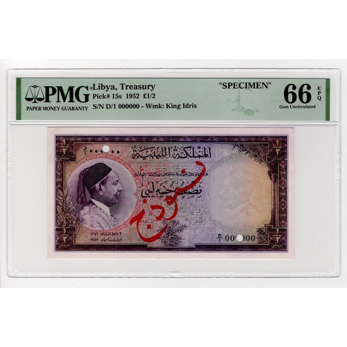 824 - Libya, Kingdom of Libya 1/2 Libyan Pound dated 1st January 1952, SPECIMEN note serial number D/1 000... 