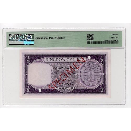 824 - Libya, Kingdom of Libya 1/2 Libyan Pound dated 1st January 1952, SPECIMEN note serial number D/1 000... 