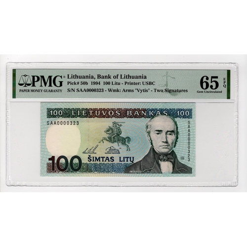 828 - Lithuania 100 Litu dated 1994, unissued variety with 2 signatures, very low number, serial SAA 00012... 