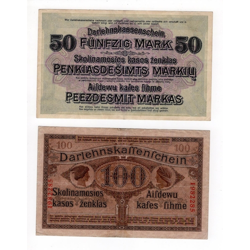 831 - Lithuania, German Occupation notes from WW1 (2), 100 Mark and 50 Mark dated 4th April 1918, Darlehns... 