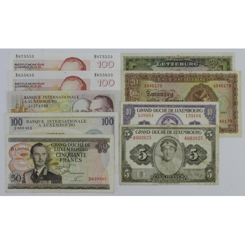 833 - Luxembourg (9), 20 Frang dated 1943, 50 Francs, 10 Francs & 5 Francs issued 1944, 50 Francs dated 19... 