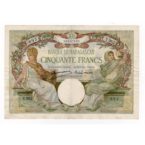 837 - Madagascar 50 Francs issued 1937, signed Dejouany & Gonon, serial Y.962 893 (TBB B205c, Pick38) pres... 