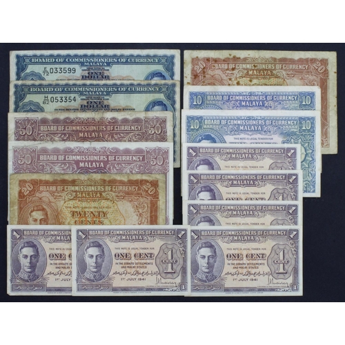 839 - Malaya (14), 1 Dollar (2), 50 Cents (2), 20 Cents (2), 10 Cents (2), 1 Cent (6) dated 1st July 1941,... 