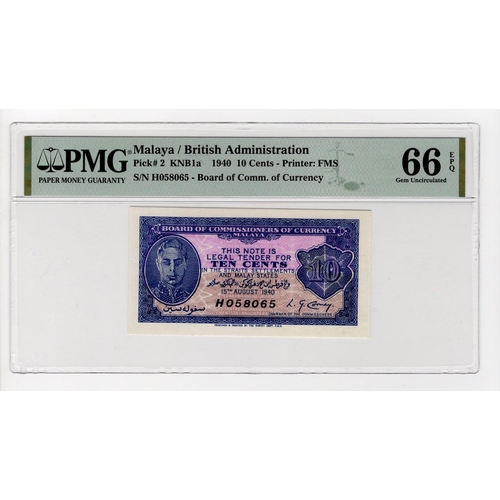 841 - Malaya 10 Cents dated 15th August 1940, serial H058065 (TBB B104a, Pick2) in PMG holder graded 66 EP... 