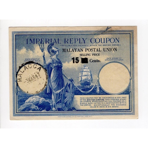 846 - Malaya 15 Cents Imperial Reply Coupon, stamped Malacca 3rd March 1947, EF+